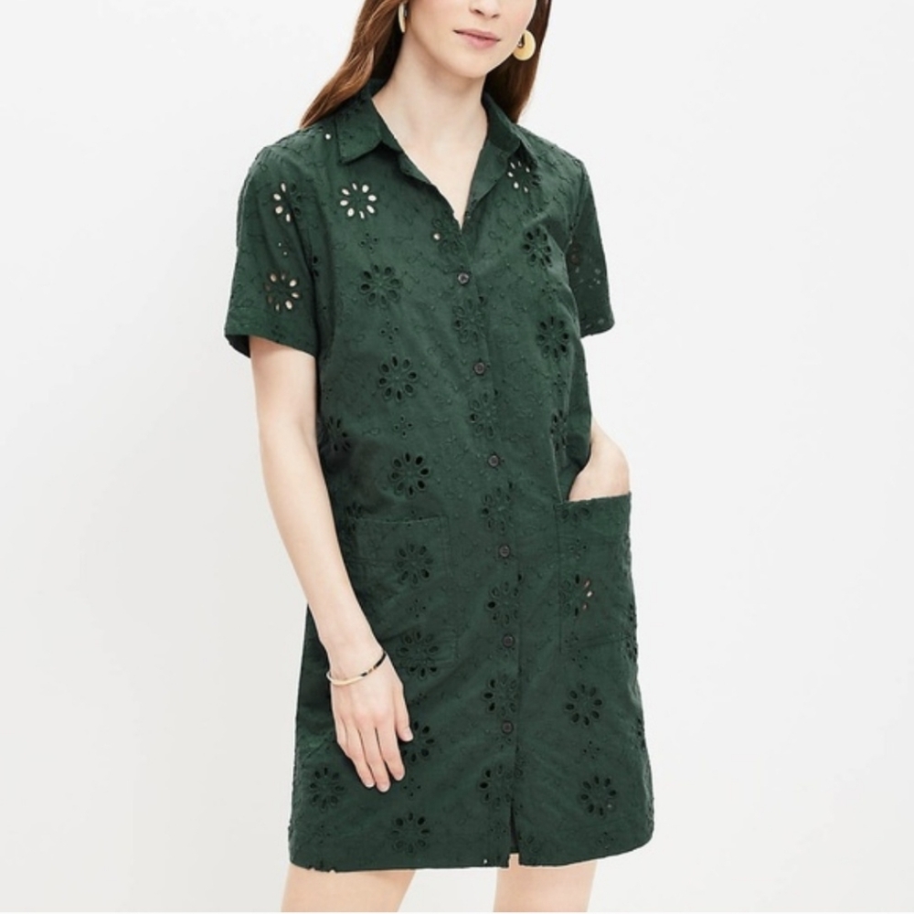 Loft Eyelet Mini Pocket Emerald Shirtdress Size 14